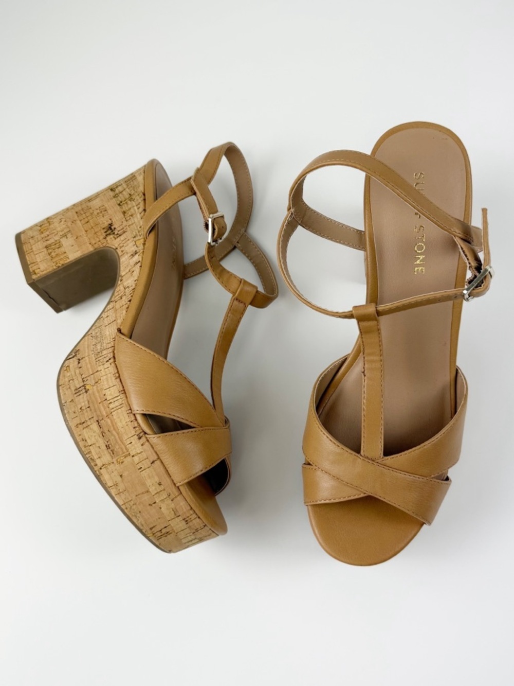 Sun + Stone Jillien Platform High Heel Dress Sandals Womens 9.5M Tan Buckle NEW